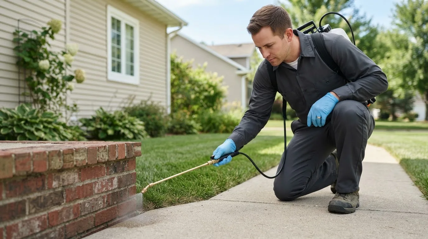 Pest control technician treating a home near South Sioux City, NE