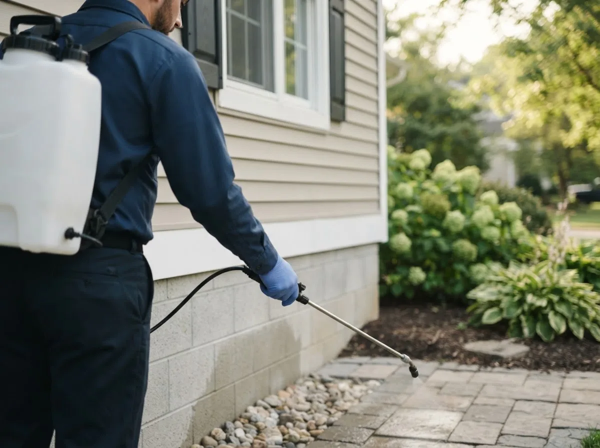 Pest control technician inspecting a home in South Sioux City, NE